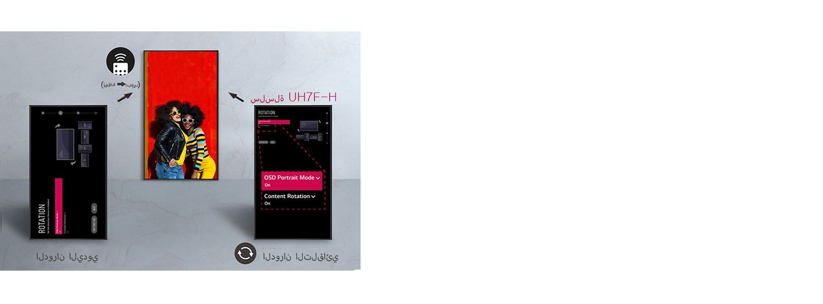 تقوم سلسلة UH7F-H تلقائيًا بضبط اتجاه الشاشة ، بحيث لا يضطر المستخدمون إلى تغيير الإعداد بأنفسهم.