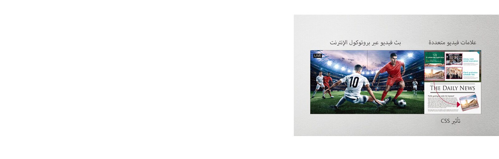 أحد جوانب جدار الفيديو هو البث المباشر لمباراة كرة قدم، بينما يستخدم الجانب الآخر من الشاشة تأثيرات CSS لإضافة المزيد من المحتوى.