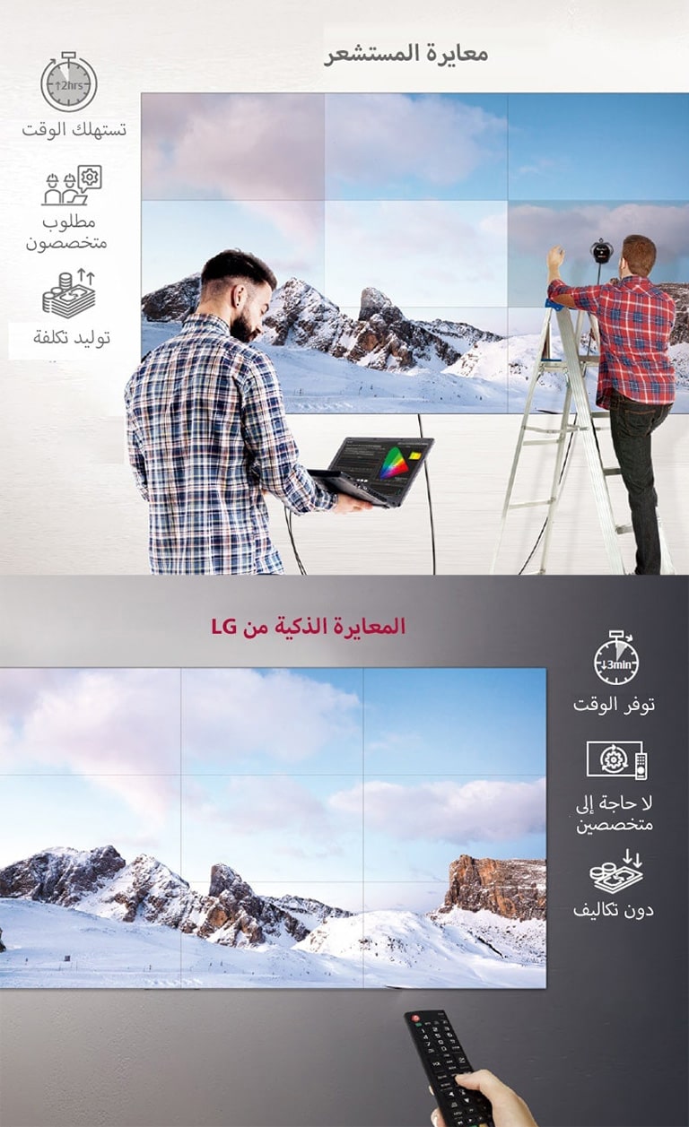 على اليسار، هناك شخص يستخدم معايرة المستشعر لضبط ألوان جدار الفيديو من خلال الكمبيوتر المحمول المتصل، والشخص الآخر على السلم يقوم بتقييم خطأ الشاشة. في المقابل، يقوم مستخدم المعايرة الذكية من LG على اليمين بالتعديل من جهاز تحكم عن بُعد بسهولة وببساطة.