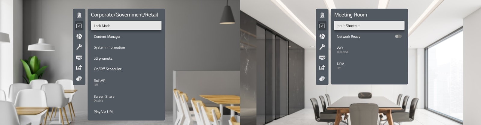 تُصنَّف القوائم التي تُستخدم بشكل متكرر بحسب المجال في قائمة شاشات العرض. تعرض الصورة اليسرى قوائم "شركة/ جهة حكومية/ متجر بيع بالتجزئة"، في حين تعرض الصورة اليمنى قوائم "لغرفة اجتماعات"