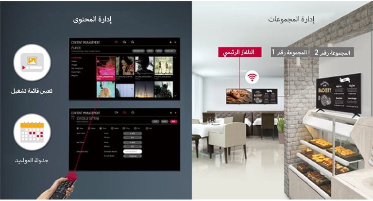 يمكن بكل سهولة ويسر تعيين قائمة التشغيل وجدولة المواعيد باستخدام وحدة تحكم عن بُعد، عن طريق وظيفة إدارة المحتوى المضمَّنة. يمكن الإشراف على إدارة المجموعات في شاشة العرض الرئيسية وشاشتي عرض المجموعة رقم 1 والمجموعة رقم 2.