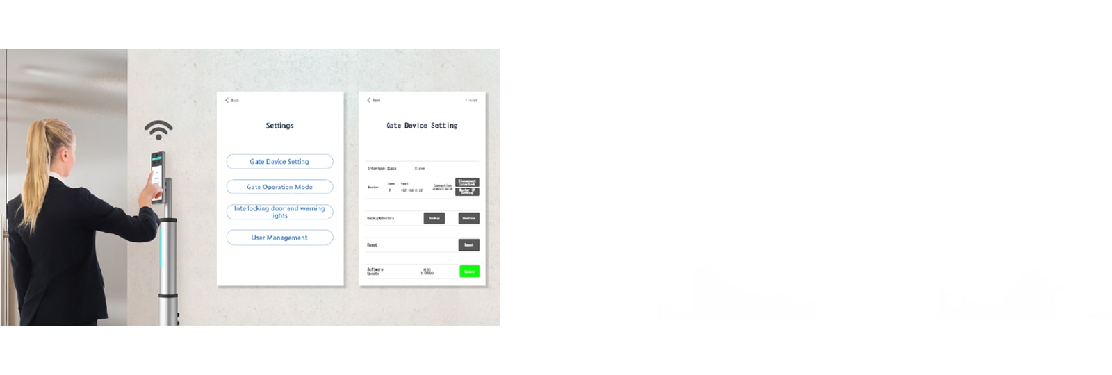 امرأة تلمس شاشة جهاز LG Thermal Sensing Terminal، وتقوم بتحديث البرنامج بسهولة باستخدام شبكة Wi-Fi.