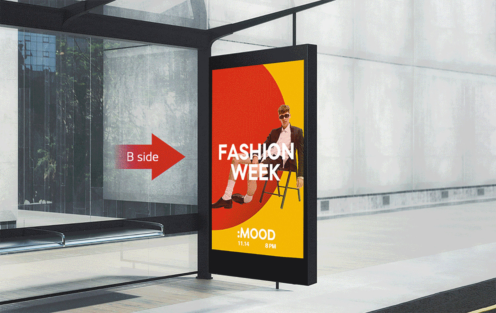 تم تركيب شاشة مزدوجة في نهاية محطة الحافلات. يتم التعبير عن الإعلانات الملونة للشاشة بطريقة زاهية وبفضل دقة UHD.