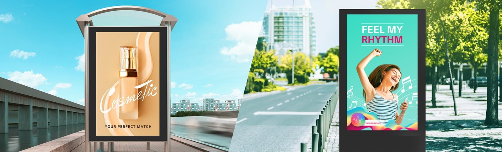 شاشات عرض مختلفة على شكل إطارات مثبتة في الهواء الطلق.