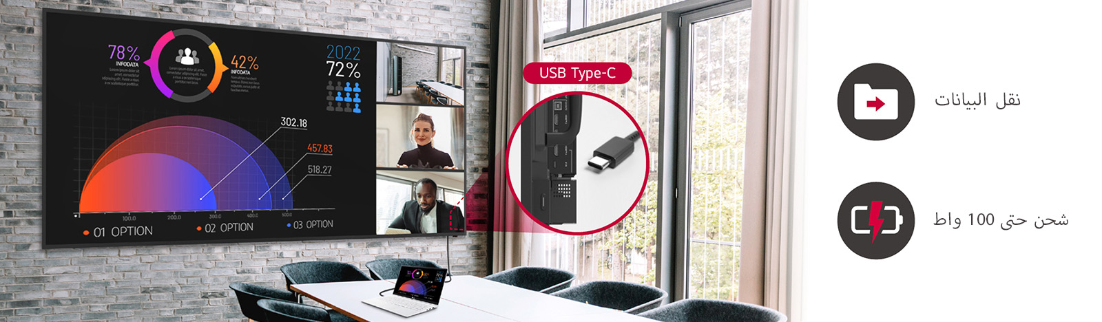 جهاز كمبيوتر محمول متصل بشاشة 105BM5P في غرفة الاجتماعات. يدعم الطراز 105BM5P منفذ USB Type-C، مما يسمح بنقل البيانات والشحن في نفس الوقت من خلال كابل واحد، مما يعزز بيئة اجتماعات سلسة.