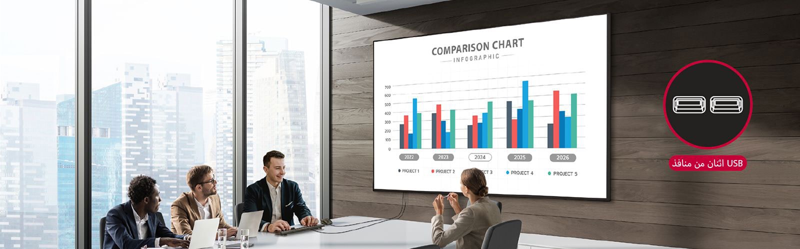 يعقد رجل اجتماعًا في غرفة الاجتماعات ويستخدم الماوس ولوحة المفاتيح المتصلين بجهاز UH7N-M ويستخدمان في نفس الوقت.