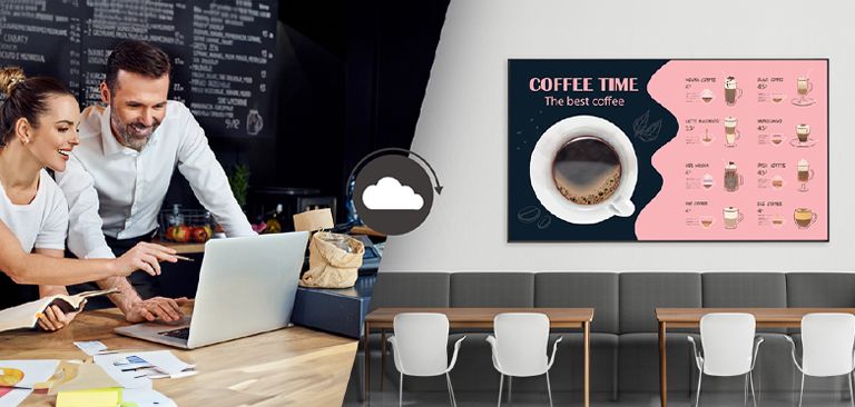 ينشيء مديرو المقاهي قوائم سيتم عرضها على الشاشة المثبتة على جدار المقهى باستخدام برنامج إدارة المحتوى.