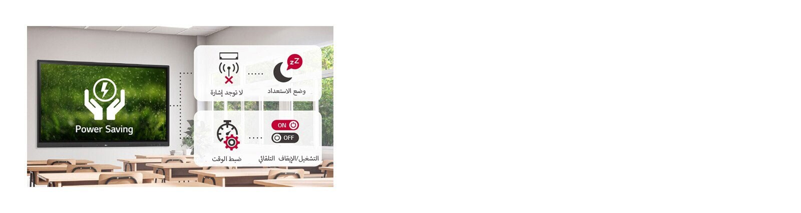 إذا لم يستقبل الجهاز إشارة لفترة معينة من الوقت، ينتقل إلى وضع الاستعداد، ويمكن تشغيله أو إيقافه تلقائيًا بضبط الوقف بهدف توفير الطاقة.