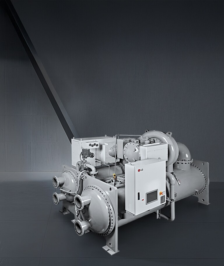 يظهر مبرد LG R-1233zd Oil-free Inverter Chiller داخل مساحة افتراضية أنيقة بطابع صناعي ولون فضي.