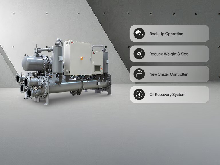 مبرد LG Ice Thermal Storage Screw Chiller معروض في مساحة افتراضية مع تلخيص أربع ميزات رئيسية.