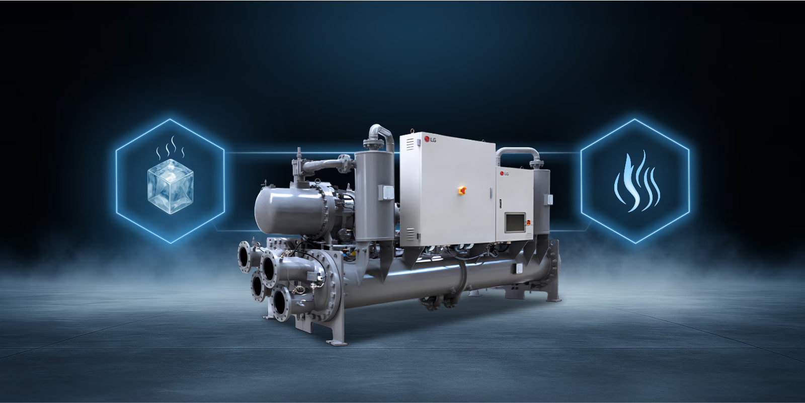 مبرد LG Ice Thermal Storage Screw Chiller على سطح بارد، مع رمز الثلج على اليسار ورمز المضخة الحرارية على اليمين.