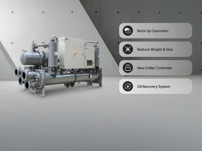 مبرد LG Ice Thermal Storage Screw Chiller معروض في مساحة افتراضية مع تلخيص أربع ميزات رئيسية.