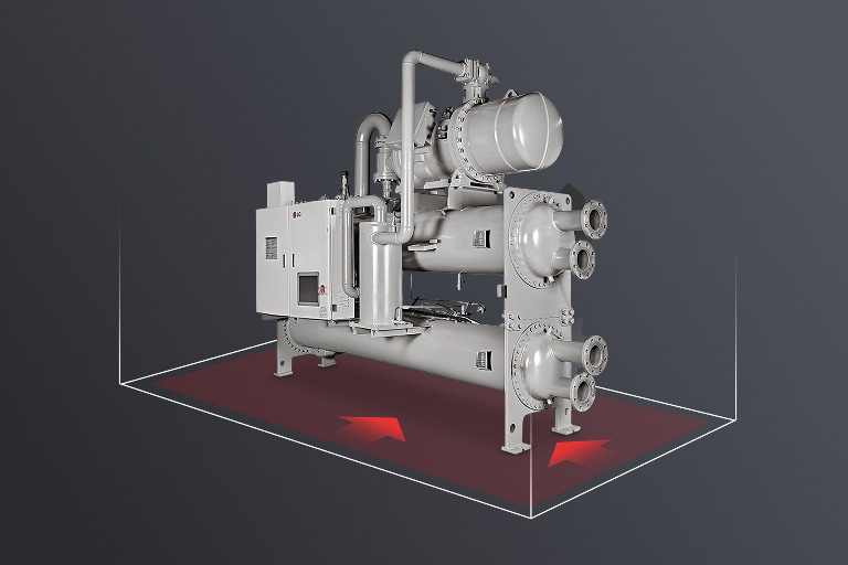 يُظهر الطراز الموضح لمبرد LG Water-cooled Screw Chiller ذي الضاغط الواحد مساحة تركيب أصغر، كما هو موضح أدناه.