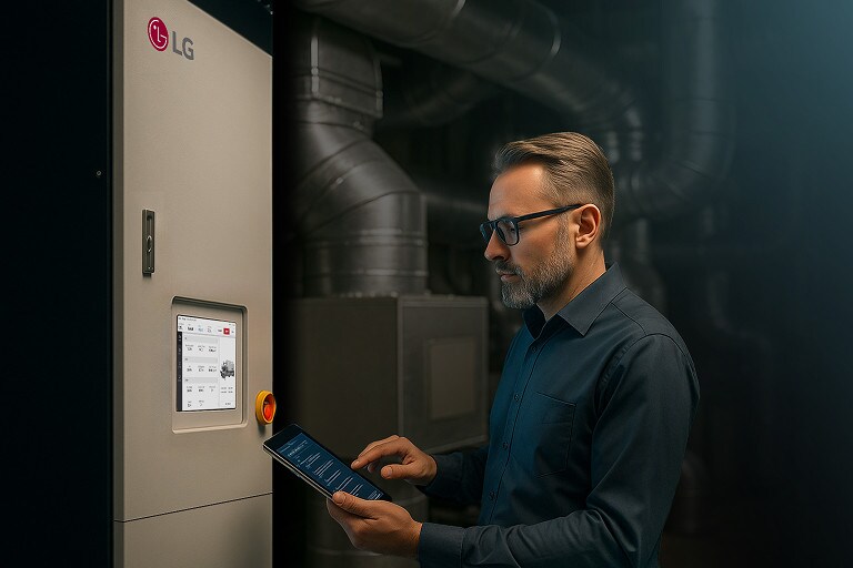 رجل يمسك بجهاز لوحي أثناء ضبط واجهة وحدة التحكم في مبرد LG Ice Thermal Storage Screw Chiller.