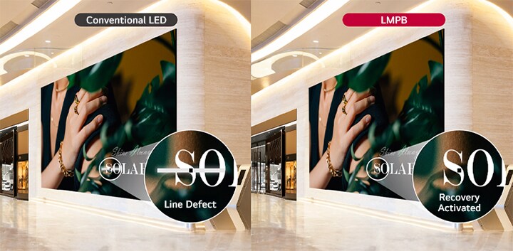 تعرض شاشة LED التقليدية عيوب البكسلات على شكل خطوط، بينما تعرض LMPB العيوب نفسها بشكل محسّن كنقاط، مع مقارنة بينهما جنبًا إلى جنب.