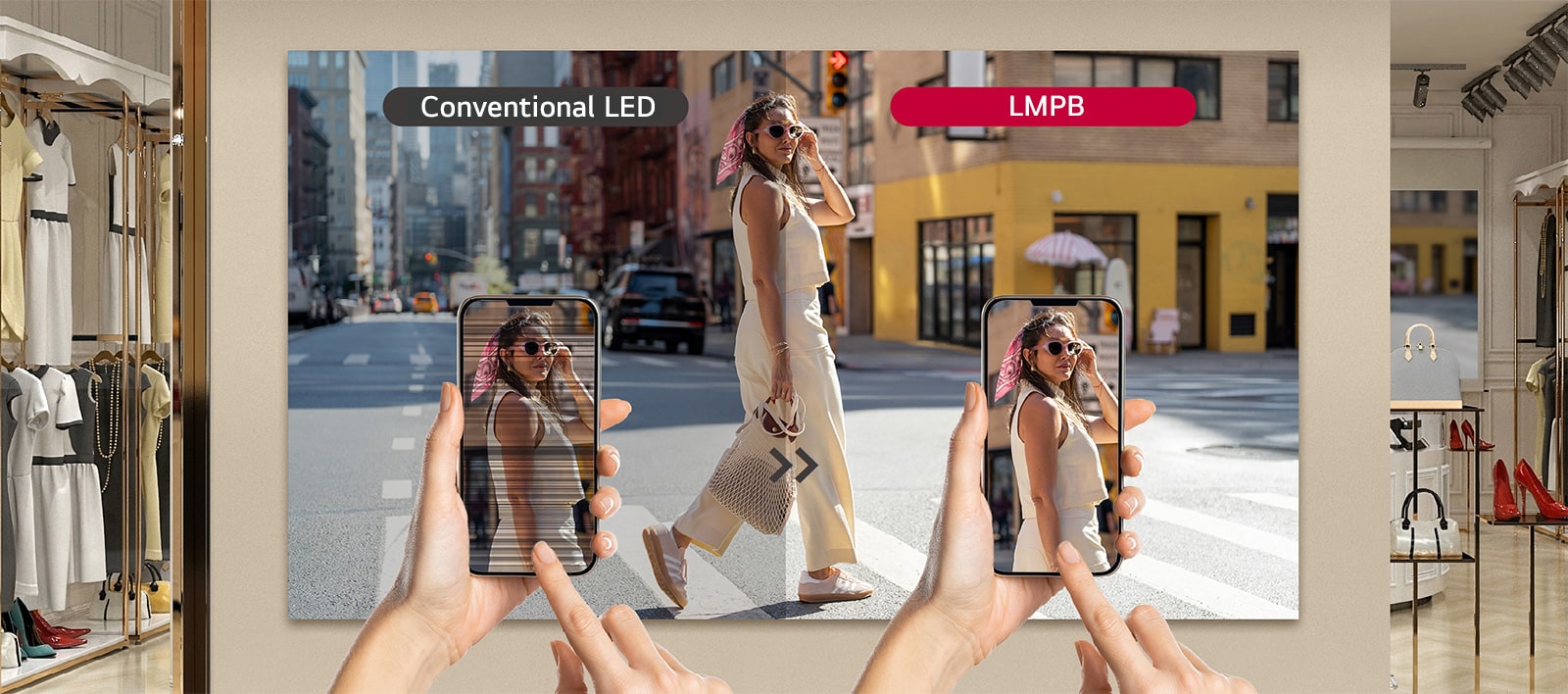 تعرض شاشة LED التقليدية وميضًا عند تصويرها بالكاميرا، بينما تُظهر شاشة LMPB وميضًا أقل وجودة صورة أوضح، مع مقارنة بينهما جنبًا إلى جنب.