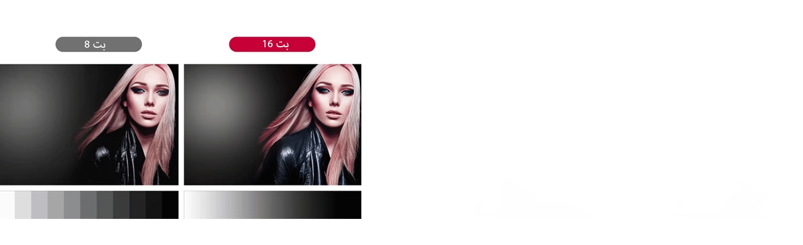 لا يتمتع التدرج الرمادي للشاشة ذات 8 بت بالسلاسة، ويتم إخراج اللون بشكل غير طبيعي لأن الخطوات مميزة بينما تعبر الشاشة ذات 16 بت عن اللون بسلاسة بمستوى تدرج رمادي أعلى.