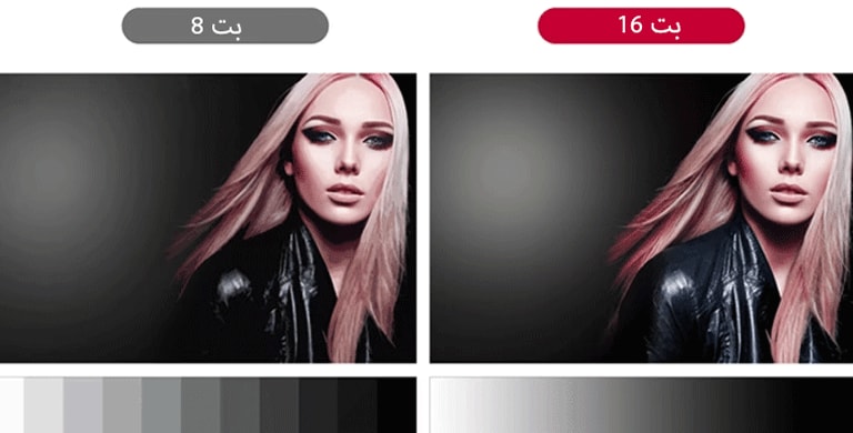 لا يتمتع التدرج الرمادي للشاشة ذات 8 بت بالسلاسة، ويتم إخراج اللون بشكل غير طبيعي لأن الخطوات مميزة بينما تعبر الشاشة ذات 16 بت عن اللون بسلاسة بمستوى تدرج رمادي أعلى.