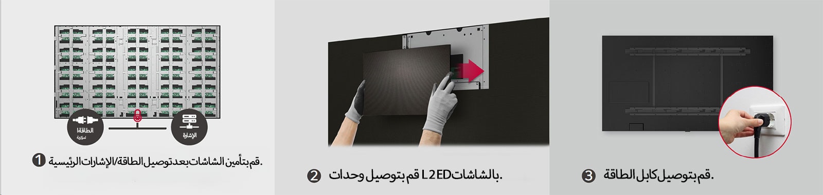 يتكون ذلك من إجمالي 3 خطوات لتأمين شاشات العرض الثلاث، وتوصيل وحدات LED، وتوصيل كابل الطاقة.