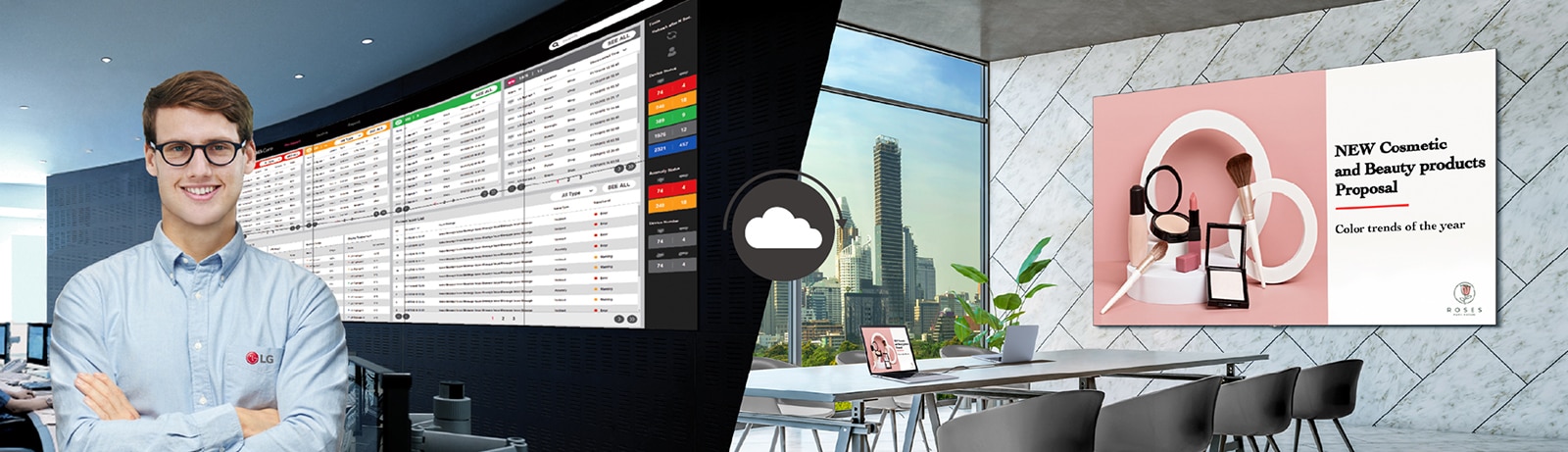 يقوم أحد موظفي شركة LG بمراقبة شاشة LAPA LED المثبتة في مكان مختلف عن بُعد باستخدام حل المراقبة السحابي من LG المسمى LG ConnectedCare.