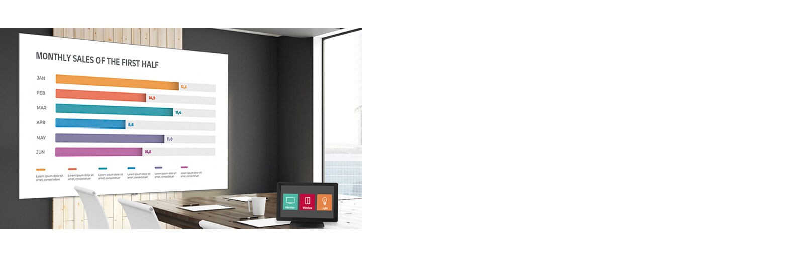 تظهر شاشة LAPA في غرفة الاجتماعات ونظام تحكم في الصوت والصورة يساعد المستخدمين على التحكم في الشاشة.