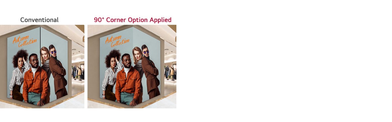 يظهر المحتوى مع خيار الزاوية القائمة (90 درجة) بدون أي انقطاعات حتى عند تركيبه على زاوية.