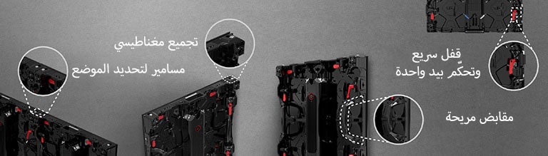 صورة مكبرة لأجزاء «مسامير ضبط الموضع»، و«المجموعة المغناطيسية»، و«المقابض المريحة»، و«القفل السريع وعنصر التحكم بيد واحدة» في اللوحة.