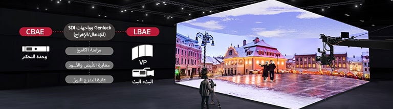 يتم تصوير استوديو إنتاج افتراضي يحتوي على حوائط LED منحنية وشاشات LED على السقف والأرضية.