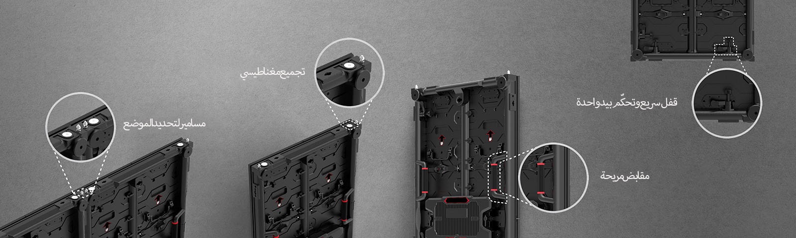 صورة مكبرة لأجزاء «مسامير ضبط الموضع»، و«المجموعة المغناطيسية»، و«المقابض المريحة»، و«القفل السريع وعنصر التحكم بيد واحدة» في اللوحة.