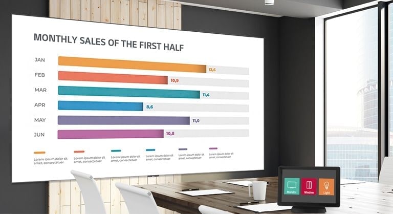صورة توضح شخص بغرفة الاجتماعات مع وجود لافتة وأحد أنظمة التحكم في الصوت والصورة التي تساعد المستخدمين على التحكم في سلسلة LAEC.