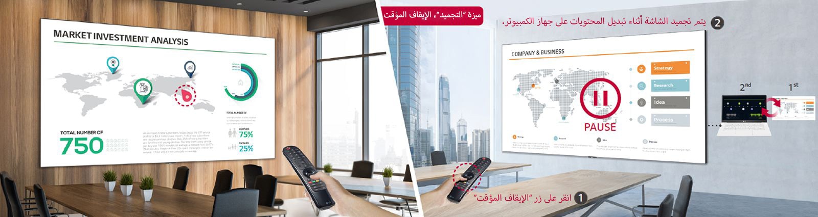 تظهر وظائف LG Magic Remote في صورتين. تُظهر الصورة اليسرى وظيفة Magic Remote التي تسمح باستخدامها كمؤشر ليزر على شاشة LAEC. الصورة الصحيحة هي وظيفة التجميد، وعندما يتم الضغط على زر التجميد الموجود بوحدة التحكم عن بعد Magic Remote، تتوقف شاشة LAEC المثبتة على جدار غرفة الاجتماعات مؤقتًا.