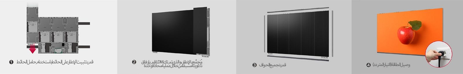 يتكون هذا من إجمالي 4 صور توضح خطوات تثبيت الإطار على الحائط باستخدام حامل الحائط، وتوصيل الوحدات الخمس من LDM المُجمَّع بالإطار، وتجميع الحواف، وتوصيل طاقة التيار المتردد.