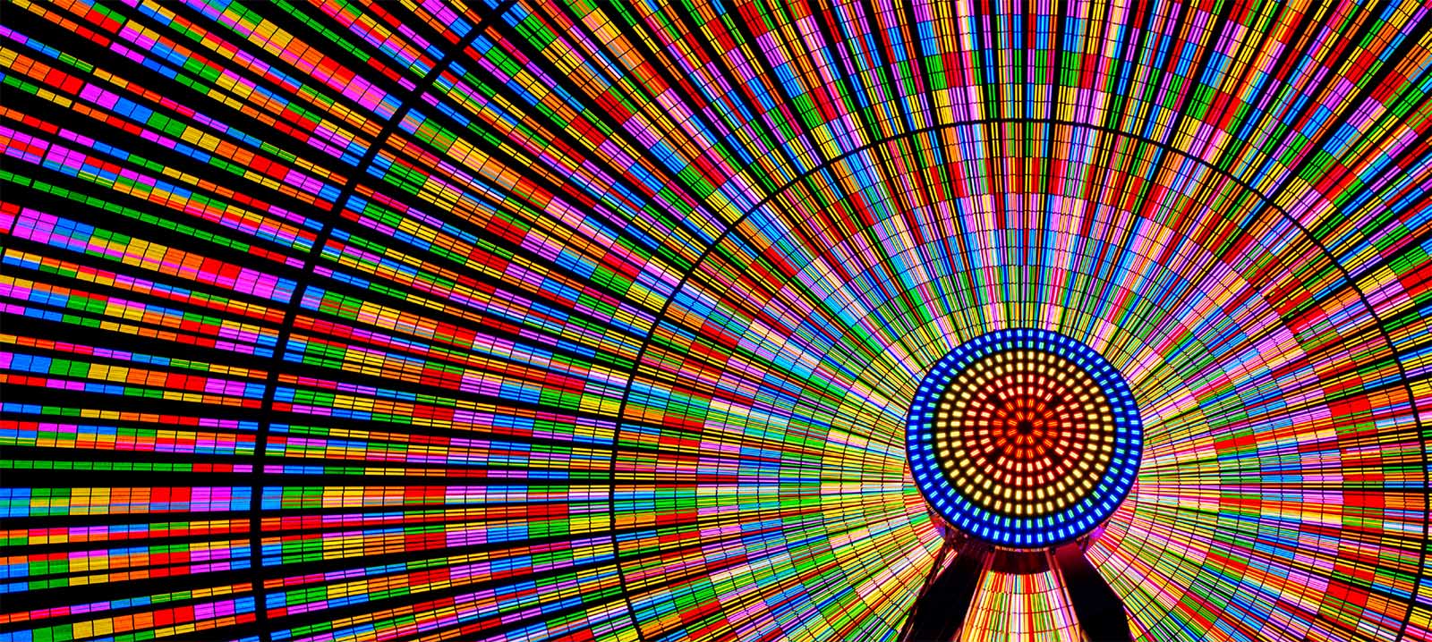 تتألق عجلة Ferris بألوان زاهية نابضة بالحياة.