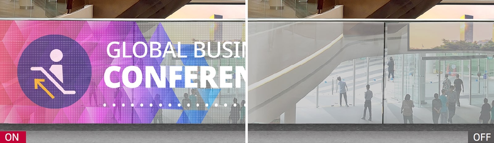 يعرض فيلم LED الشفاف من LG المعلومات عند تشغيل الطاقة، ويعكس الخلفية من وراء المنتج عند إيقاف تشغيل الطاقة.