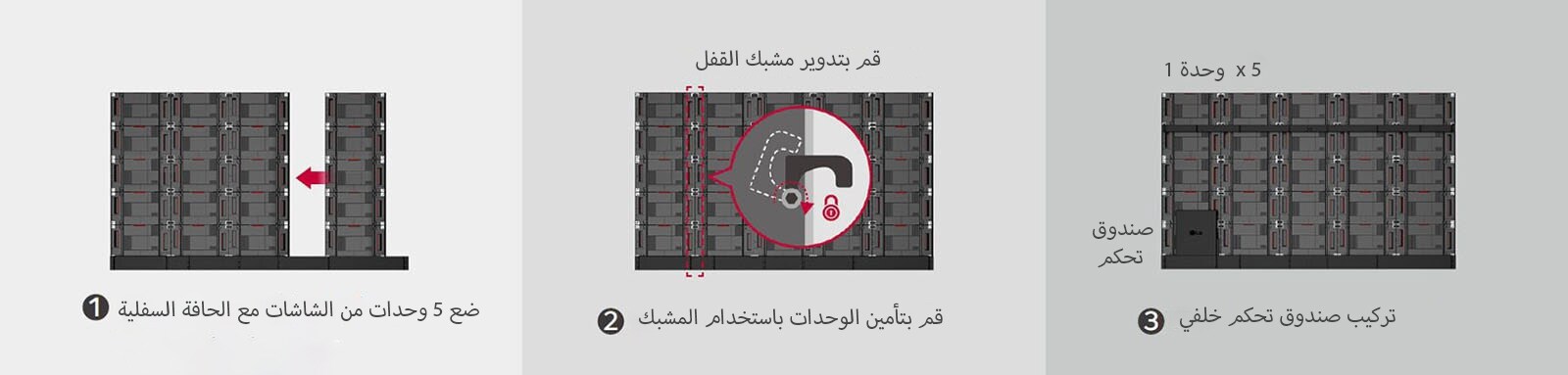 يتكون هذا من إجمالي 3 صور توضح خطوات التركيب لوضع 5 وحدات من الشاشات وتأمين الوحدات وتركيب صندوق التحكم. يوضح ذلك كيفية تركيب سلسلة LABA بسهولة. 