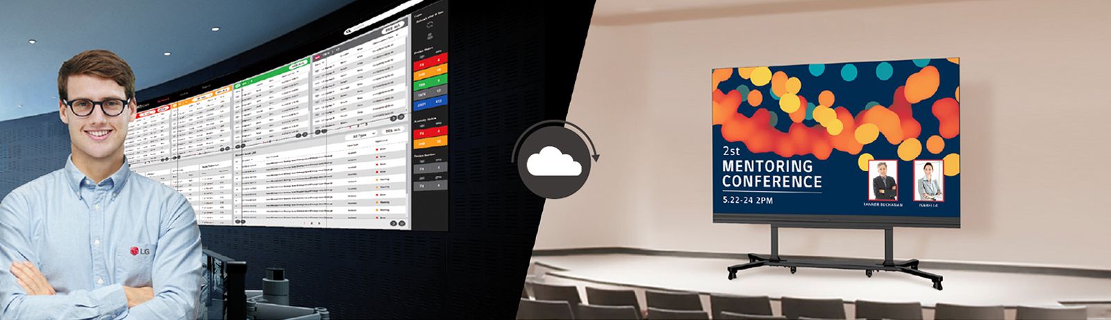 موظف LG يتابع عن بُعد سلسلة شاشات LABA المثبتة في مكان آخر باستخدام حل المراقبة السحابية الذي يُسمى LG ConnectedCare. 