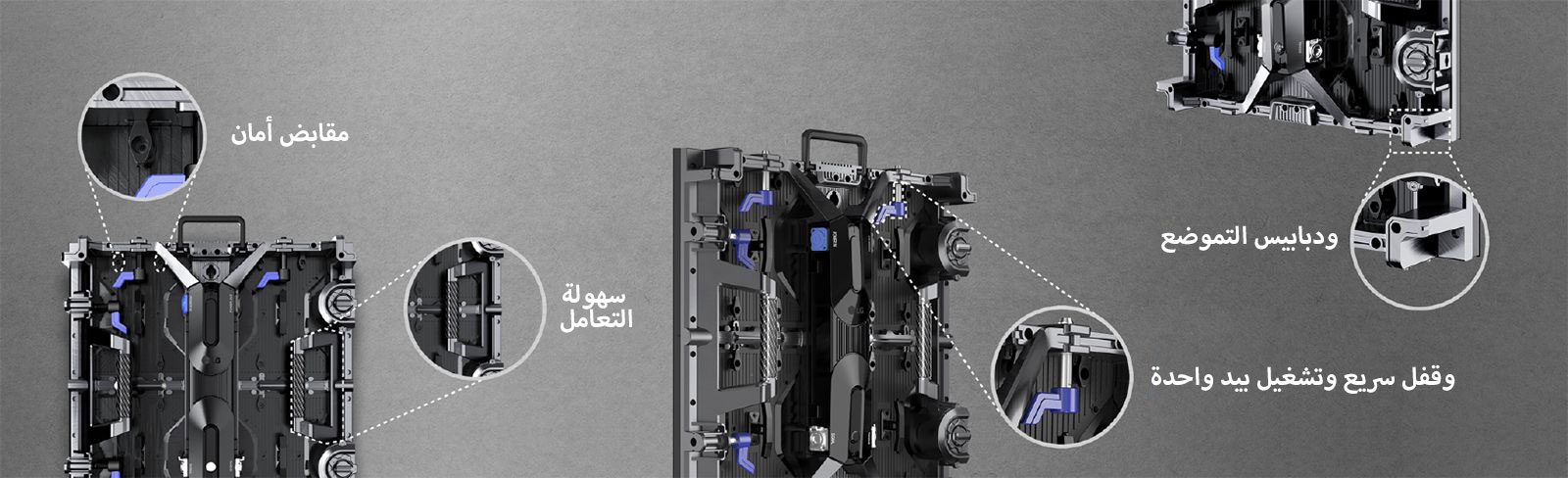 أجزاء الشاشة، بما في ذلك "مقابض الأمان" و"المقبض السهل" و"القفل السريع والتشغيل بيد واحدة" و"دبابيس التموضع" مصورة بشكل مكبّر.