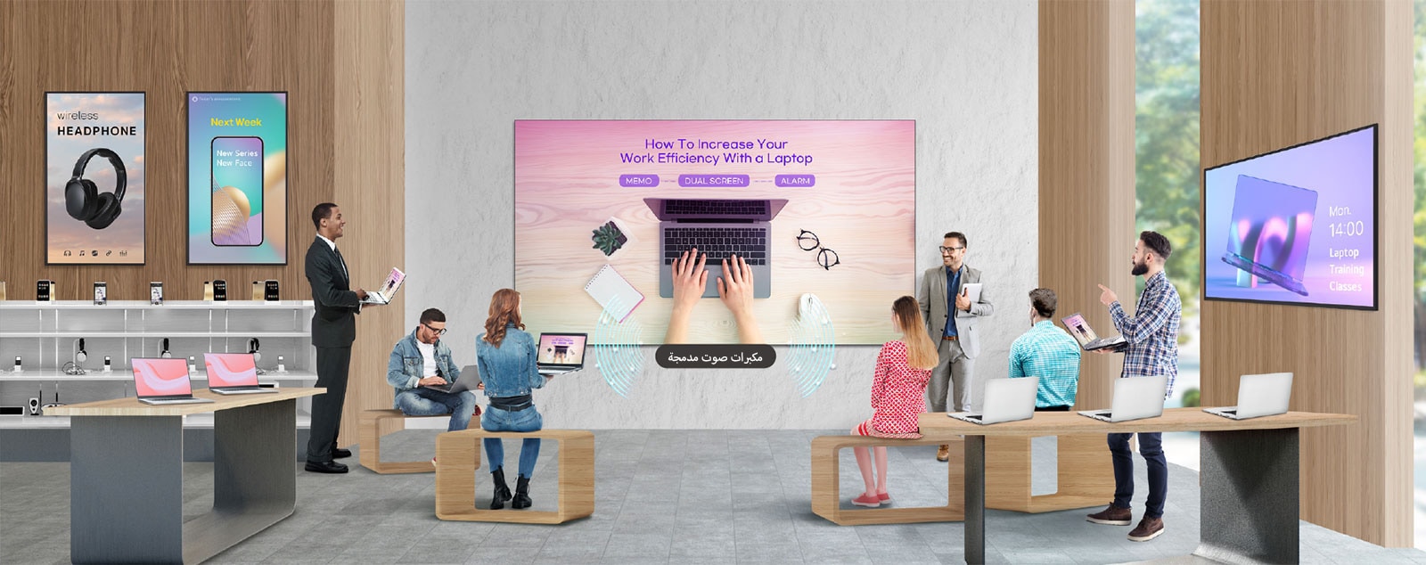 تعرض شاشة LAPA كبيرة مثبتة على جدار متجر البيع بالتجزئة محاضرة تضم منتجات، مع تشغيل الصوت من خلال مكبر الصوت المدمج.