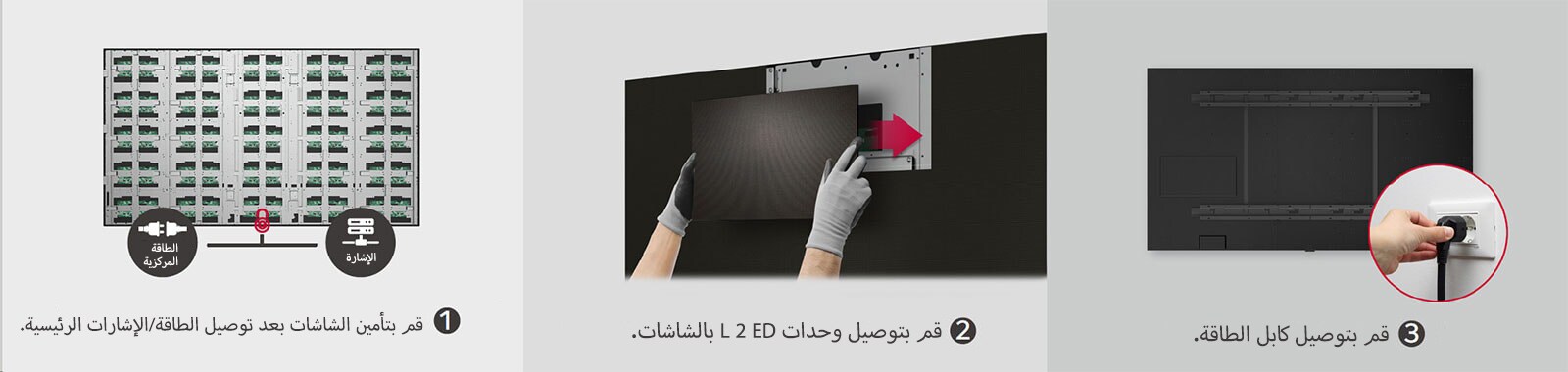 يتكون ذلك من إجمالي 3 خطوات لتأمين شاشات العرض الثلاث، وتوصيل وحدات LED، وتوصيل كابل الطاقة.