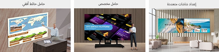 تظهر سلسلة LAPA، المثبتة على الحائط مع حامل حائط أفقي، مع حامل مخصص، جنبًا إلى جنب كشاشتين في إعداد متعدد الشاشات، في ثلاث صور مختلفة.