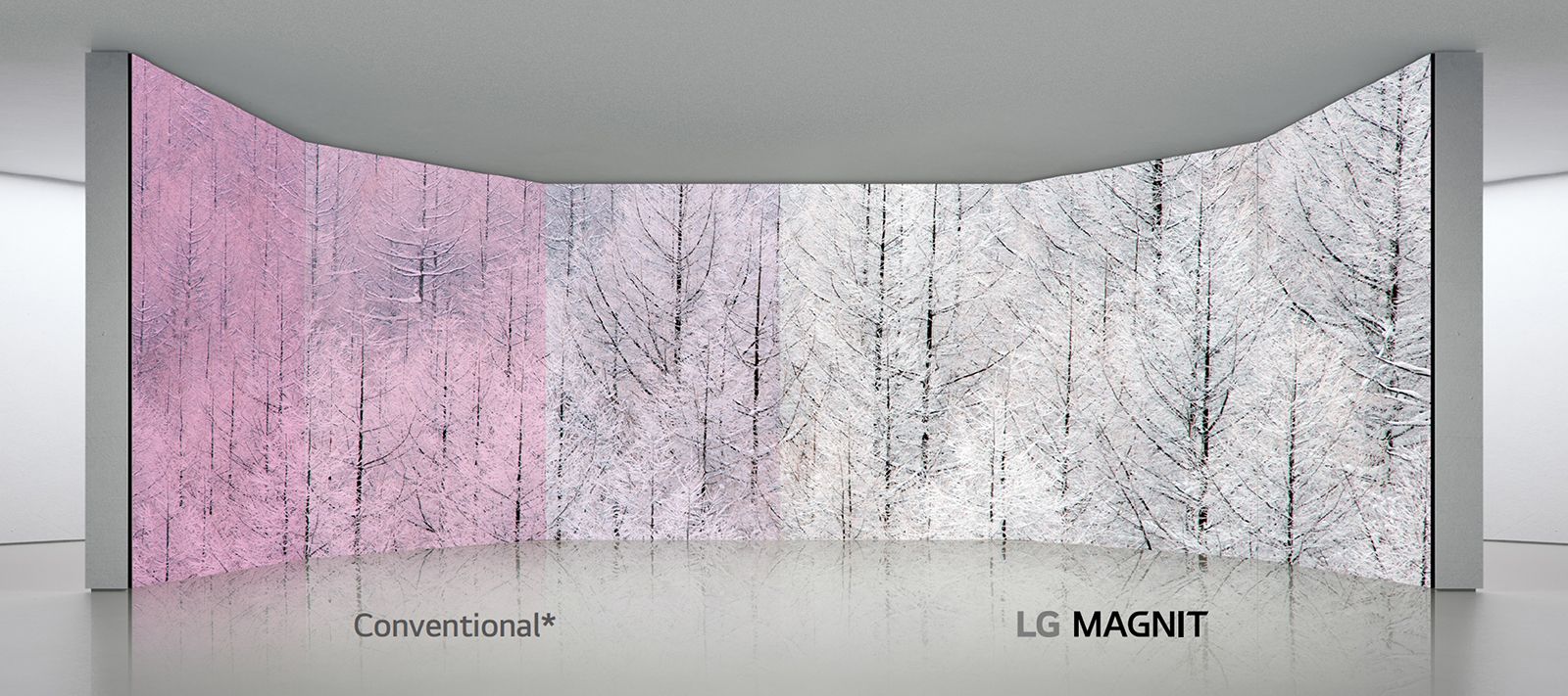 بينما تُشوِّه شاشات LED التقليدية الألوان (تظهر باللون الأحمر) بزوايا مختلفة، تعرض LG MAGNIT نتائج دقيقة من كل الزاويا.