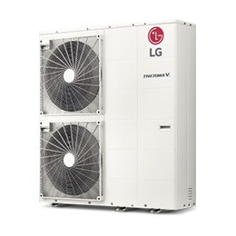 تُعرض مضخات LG Air to Water مستطيلة الشكل المُزوَّدة بمروحتين على الجانب الأيسر من الأعلى والأسفل.