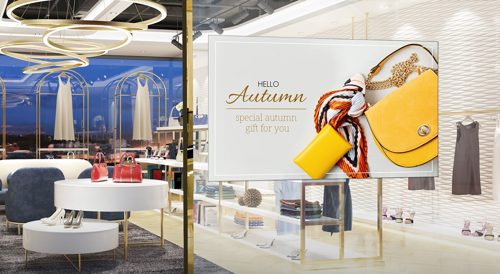 يتم تثبيت شاشة تروج لمنتج جديد في نافذة المتجر.