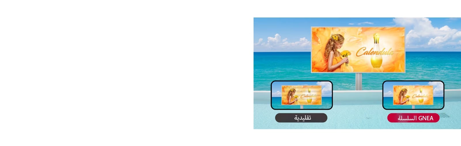 توجد شاشة LED وتجري مشاهدة الشاشة بكاميرا الهاتف المحمول. برغم عرض الإعلان نفسه، تظهر الشاشة التقليدية أشرطة سوداء، لكن شاشة السلسلة GNEA تعرض المحتوى الأصلي للشاشة بوضوح.