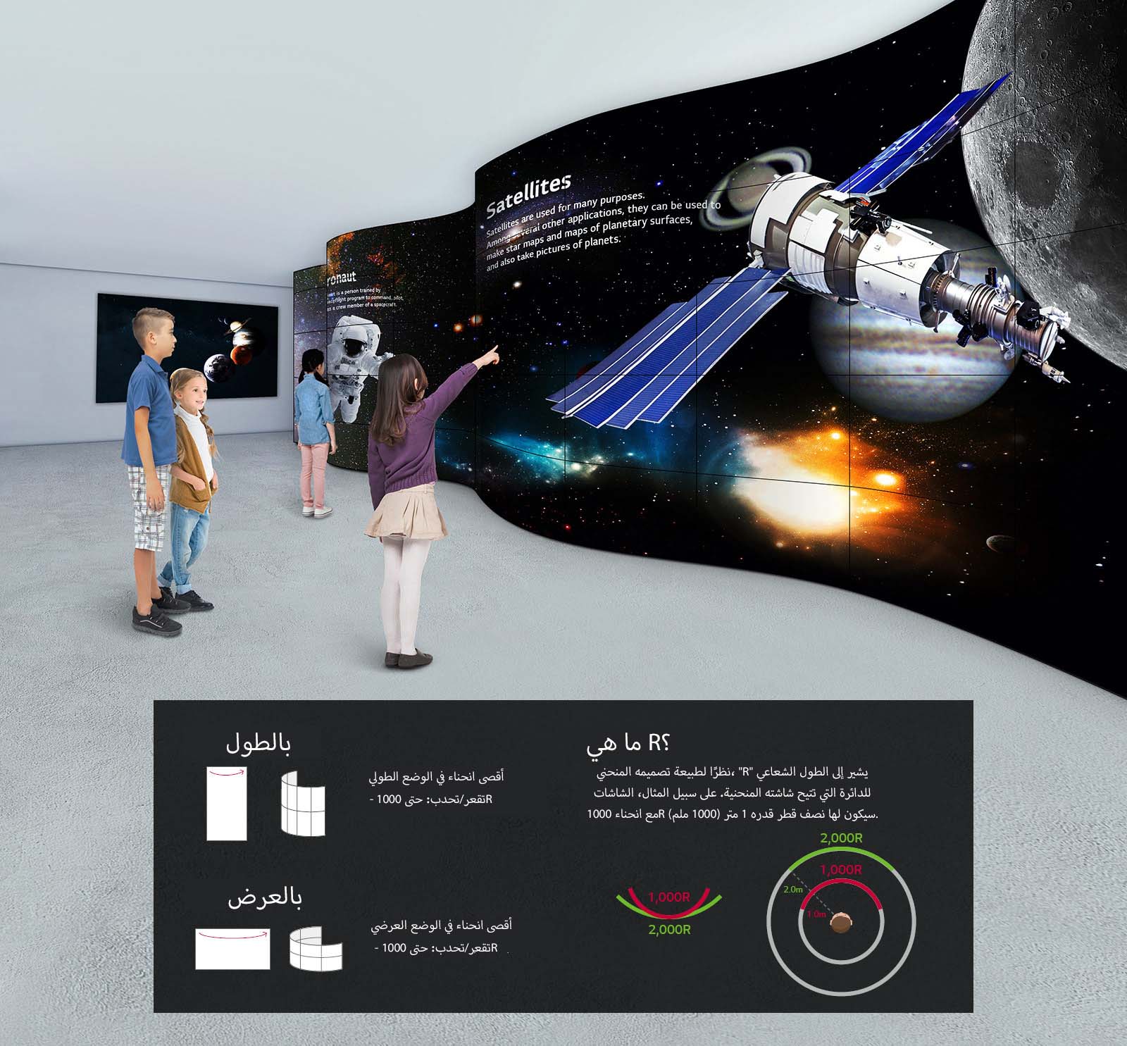 مجموعة من الأطفال ينظرون إلى شاشة ذات انحناءات مثيرة على شكل أمواج، تظهر عليها صورة للكون.
