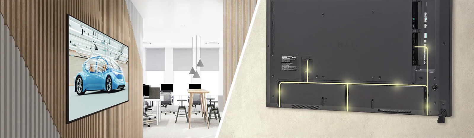 يتم تثبيت UH5N-M مع الحواف الرفيعة بالقرب من الحائط، مما يعرض تصميمًا خلفيًا مُحسَّنًا لتوفير المساحة باستخدام نظام بسيط لإدارة الكابلات.