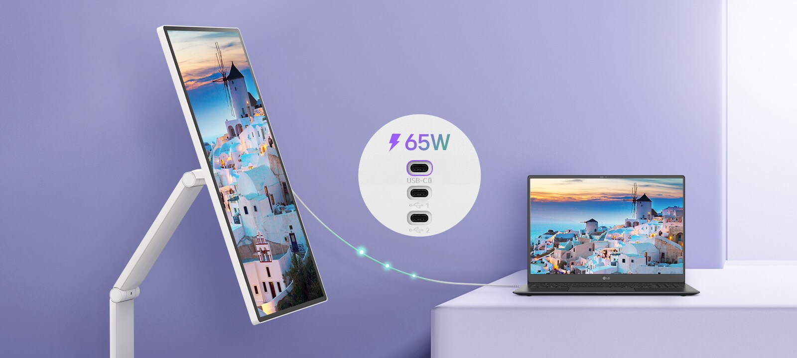 يتم توصيل جهاز كمبيوتر محمول بشاشة LG Smart Monitor Swing عبر USB-C. يتم الشحن من خلال USB-C أثناء عرض نفس الشاشة.	