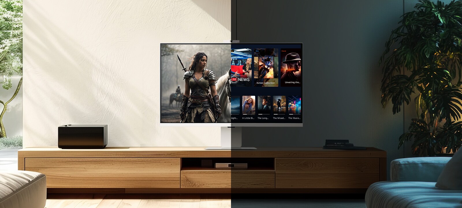 تعرض الصورة اليسرى مظهر النهار مع ميزة ضبط السطوع، بينما تعرض الصورة اليمنى مظهر الليل مع نفس الميزة.	