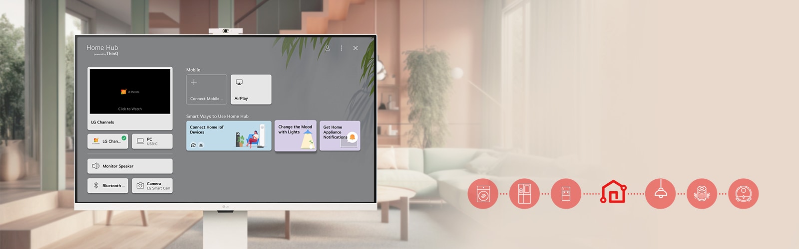 تعرض شاشة LG Smart Monitor واجهة ThinQ Home Dashboard.	