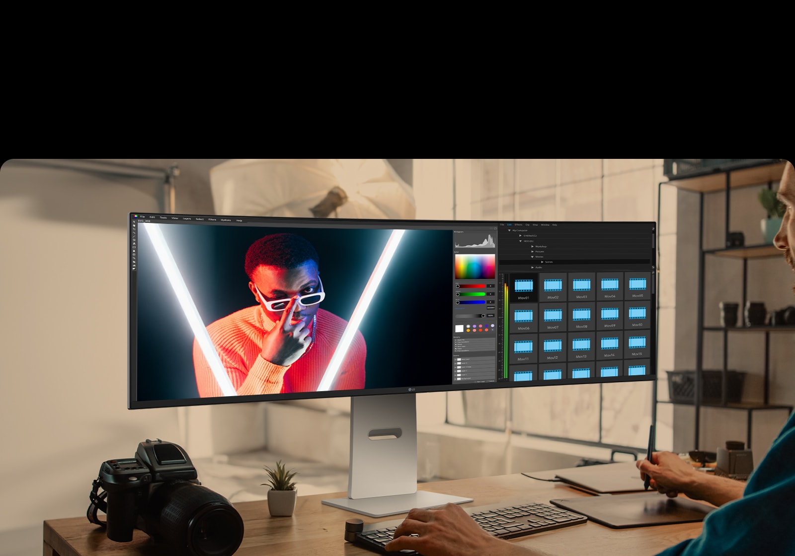 يقوم المصمم بتحرير المحتوى المرئي على شاشة LG UltraWide monitor، ويعرض تصنيف الألوان وتصميم التخطيط بوضوح عالي الدقة.	